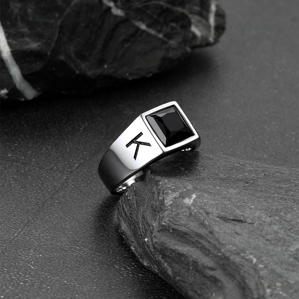 Custom Square Black Gemstone Signet Ring for