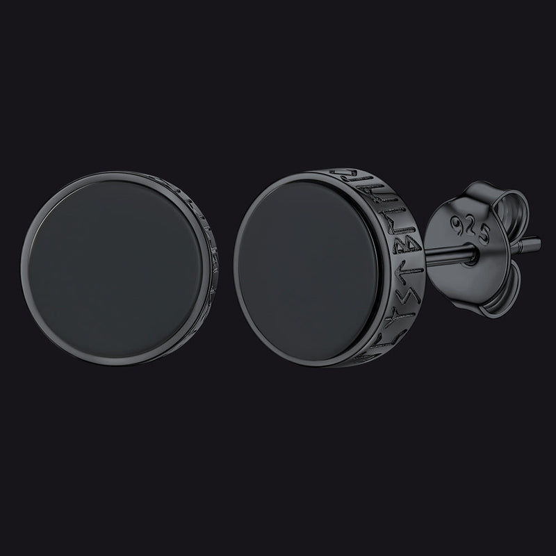 Black Onyx Stud Earrings With Viking Runes in Sterling Silver