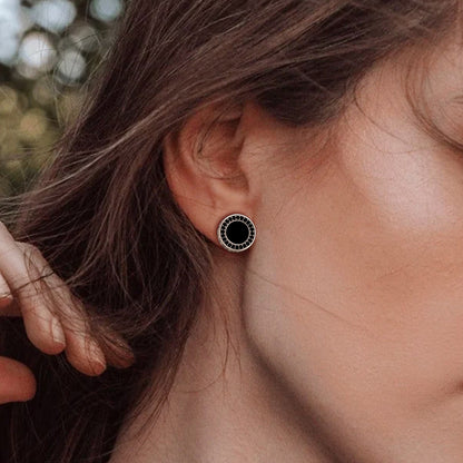 Viking Rune Black Onyx Stud Earrings in Sterling Silver for