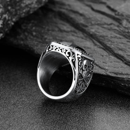 Gothic Skull Black Onyx Stone Signet Ring for