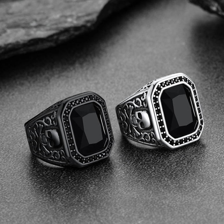 Gothic Skull Black Onyx Stone Signet Ring for
