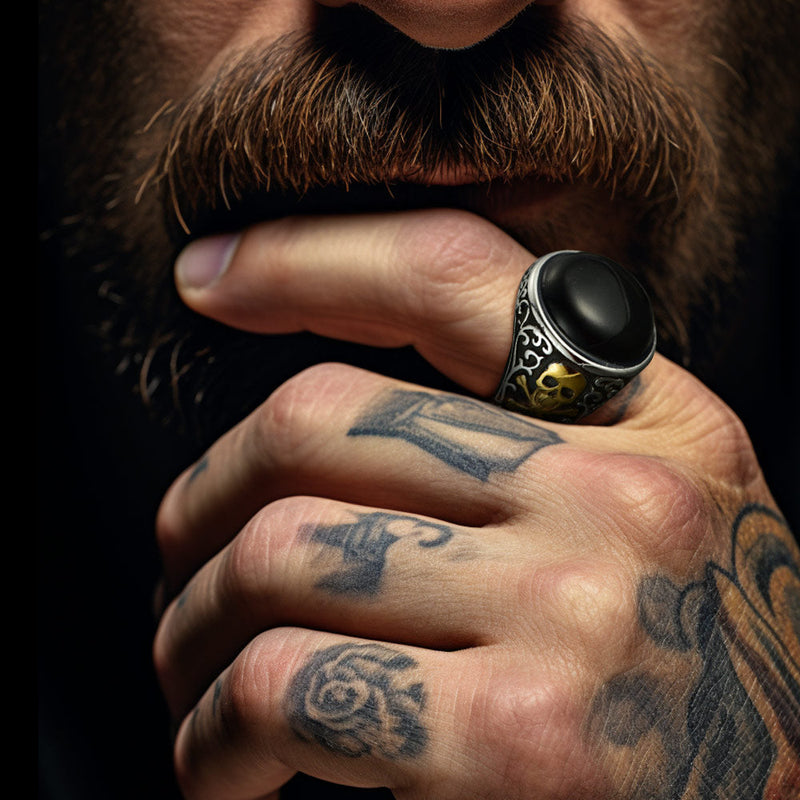 Gothic Black Onyx Signet Ring With Skull for