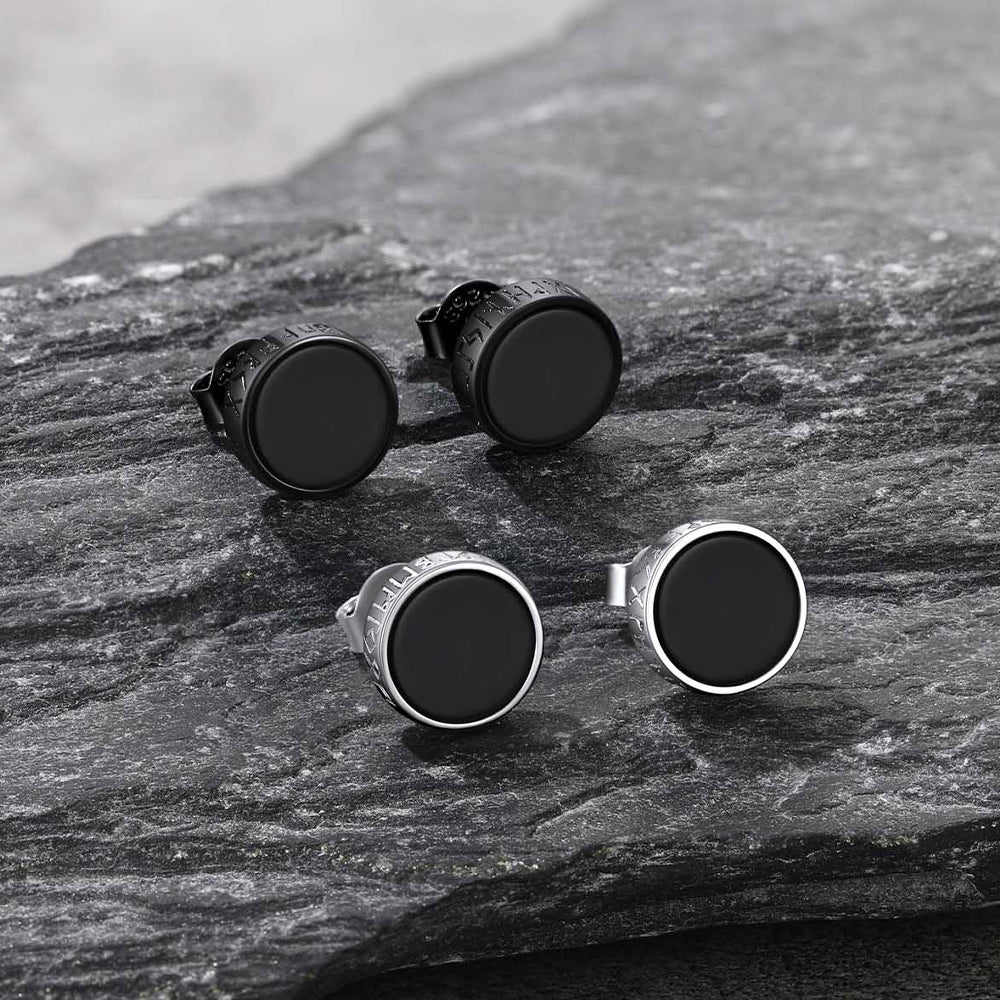 Sterling Silver Viking Runes Black Onyx Stud Earrings for
