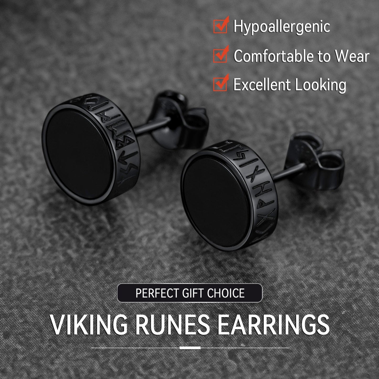 Sterling Silver Viking Runes Black Onyx Stud Earrings for