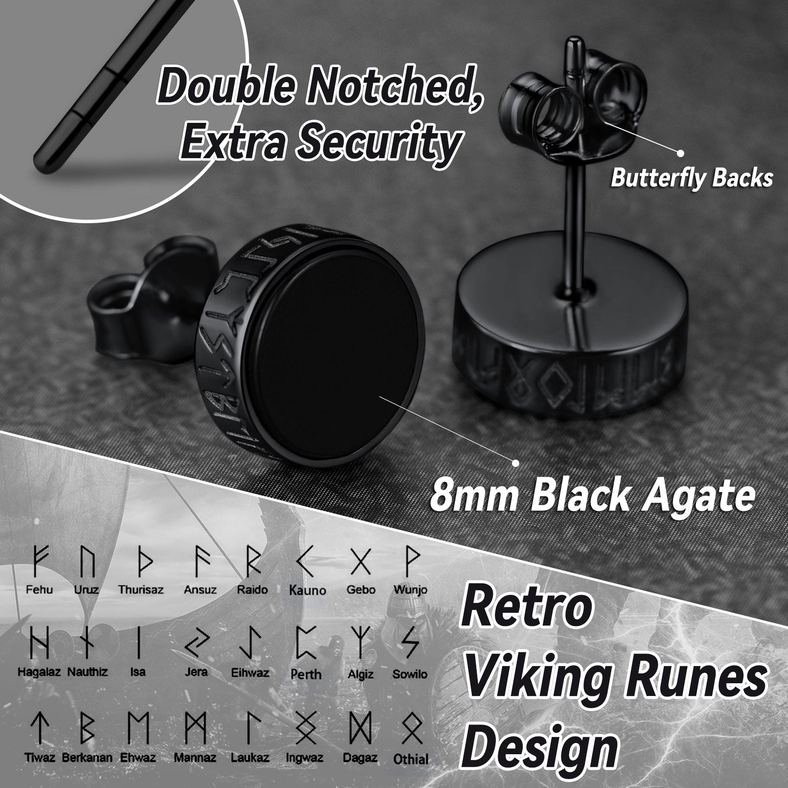 Sterling Silver Viking Runes Black Onyx Stud Earrings for