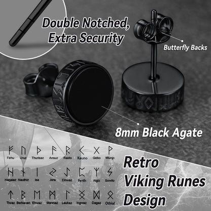 Sterling Silver Viking Runes Black Onyx Stud Earrings for