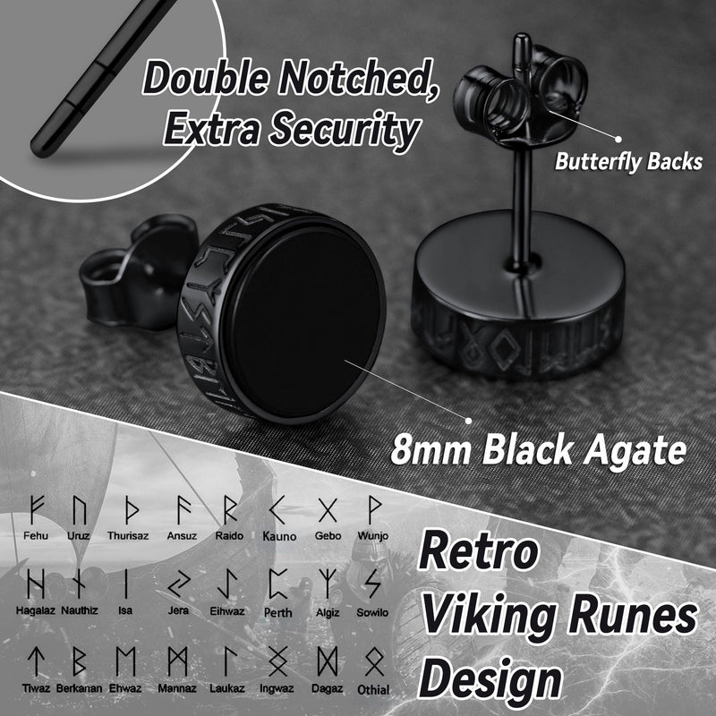 Sterling Silver Viking Runes Black Onyx Stud Earrings for