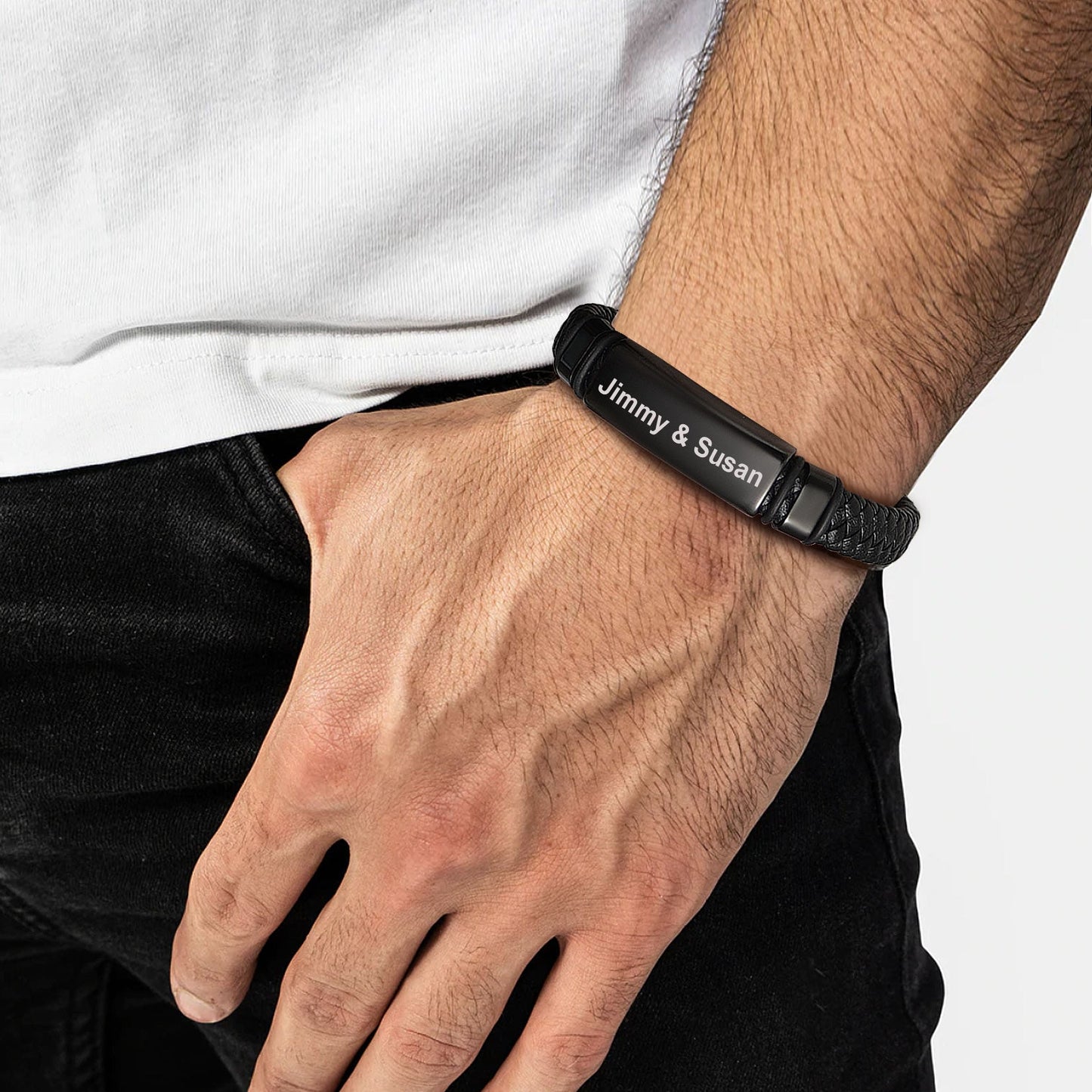 Custom Braided Black Engraved Leather Bracelet Cuff for