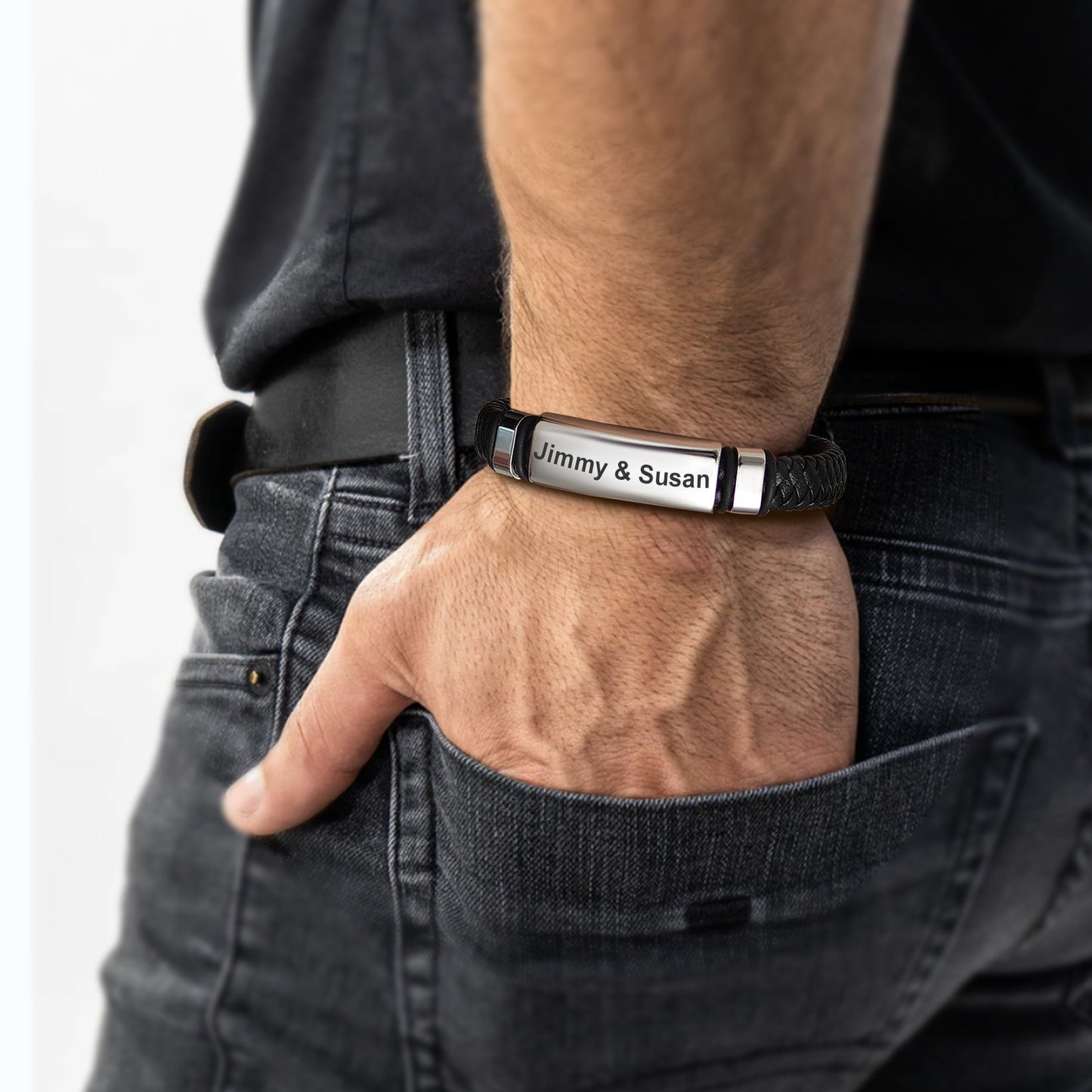 Custom Braided Black Engraved Leather Bracelet Cuff for