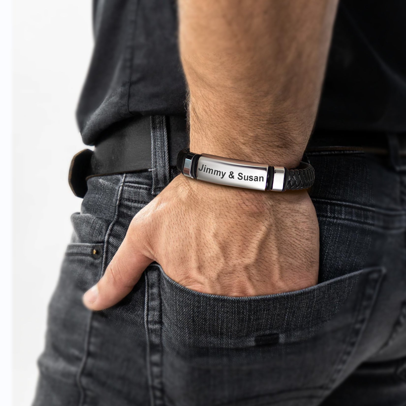 Custom Braided Black Engraved Leather Bracelet Cuff for
