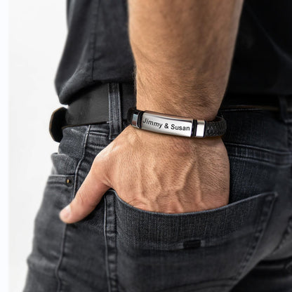 Custom Braided Black Engraved Leather Bracelet Cuff for
