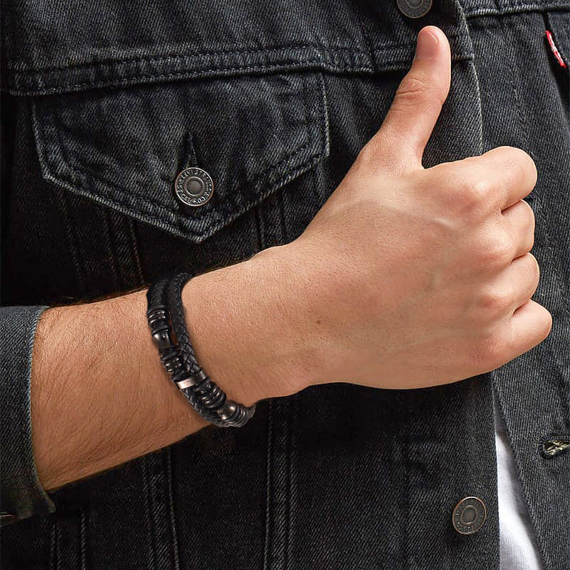 Engraved Black Braided Leather Bracelet Cuff Gift for