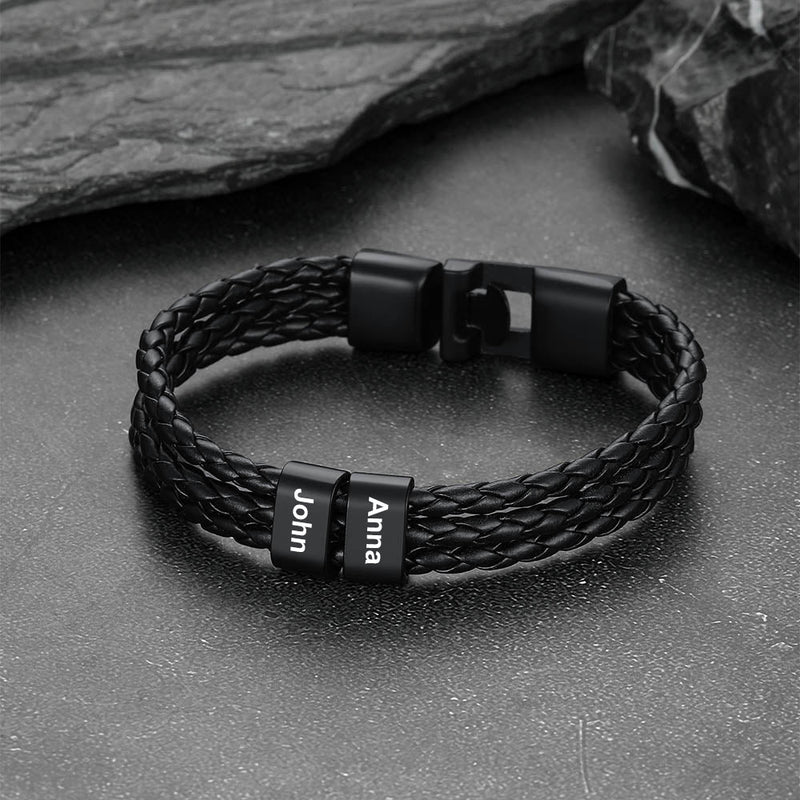 Customized Braided Leather Bracelet With Name Beads for