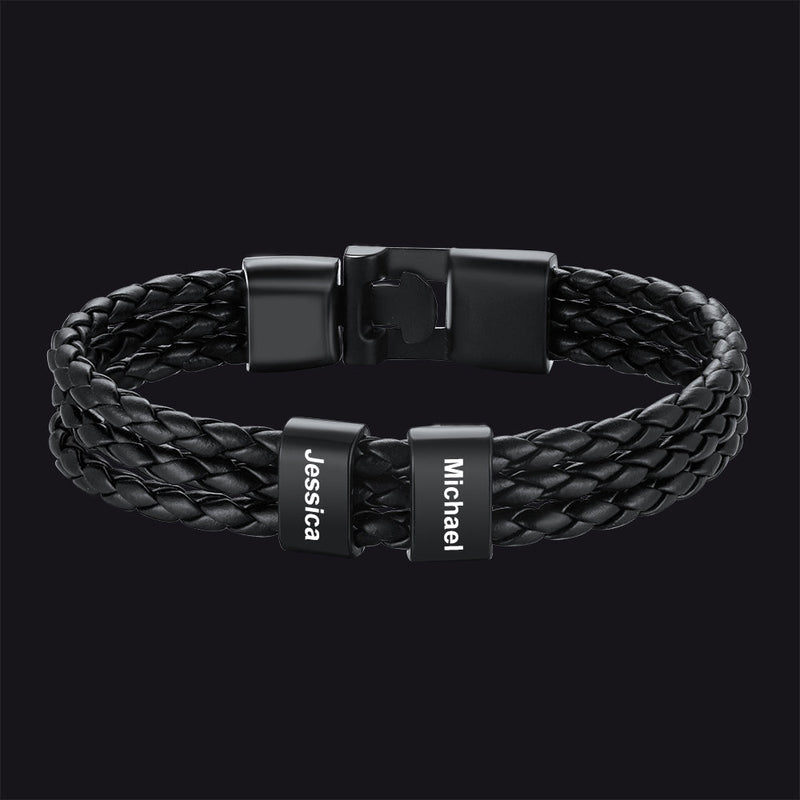 Customized Braided Leather Bracelet With Name Beads for
