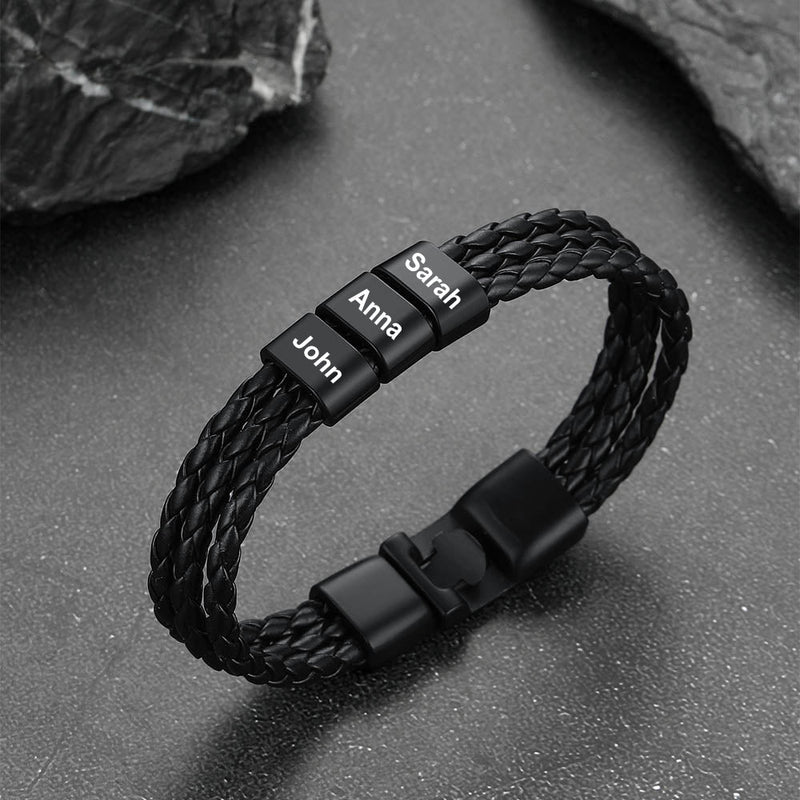 Customized Braided Leather Bracelet With Name Beads for