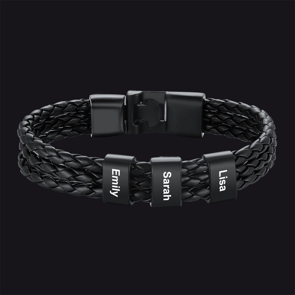 Customized Braided Leather Bracelet With Name Beads for