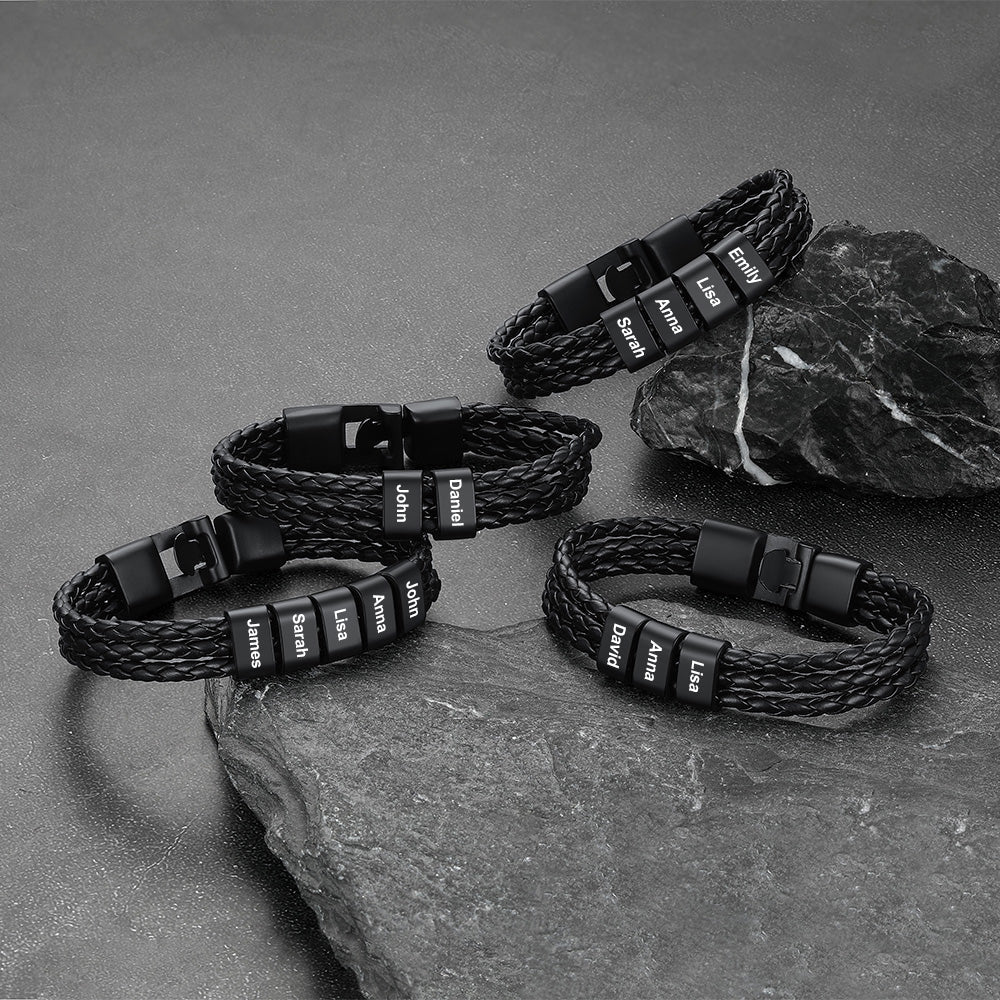 Customized Braided Leather Bracelet With Name Beads for