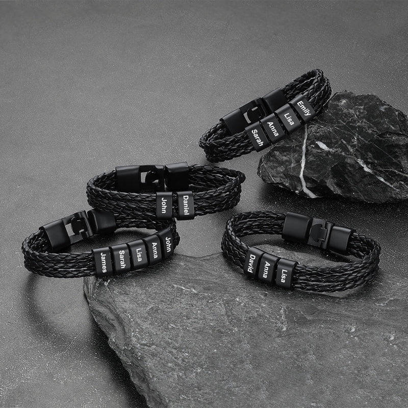 Customized Braided Leather Bracelet With Name Beads for