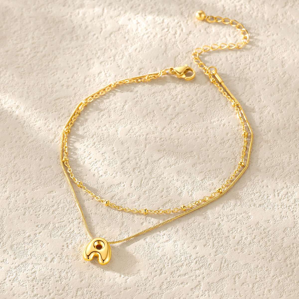 Layered Chain With Beads Bubble Initial Anklets for Mom Gift