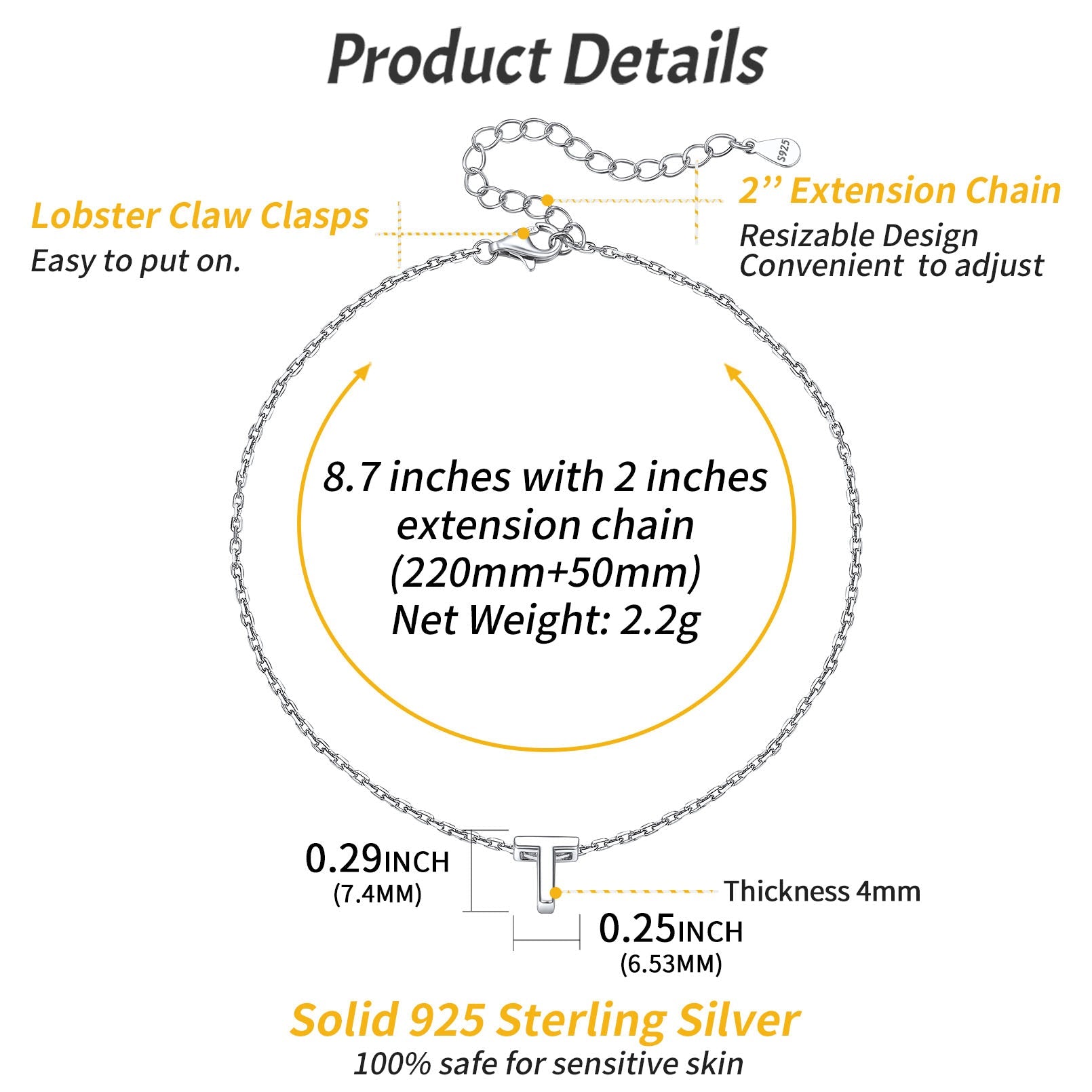 Sterling Silver Initial Cable Chain Ankle Bracelet for