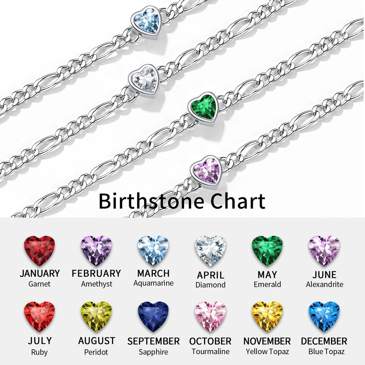 Personalized Sterling Silver Birthstone Dainty Heart Anklet for