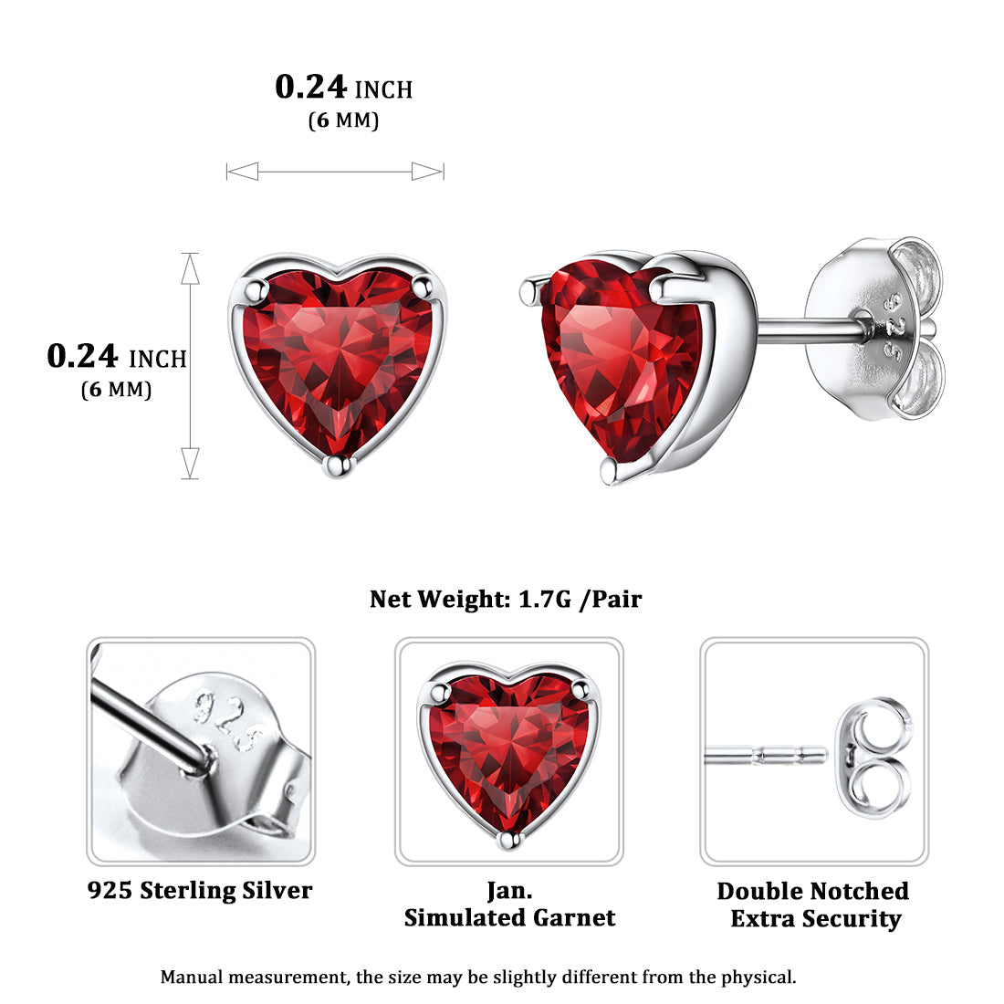 Silver Heart Birthstone Stud Earrings for