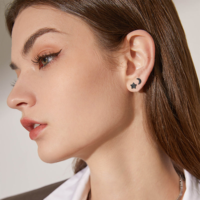 Sterling Silver Star Moon Stud Earrings for
