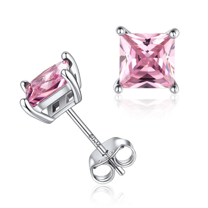 Sterling Silver Princess Cut Birthstone Stud Earrings Gift for Her