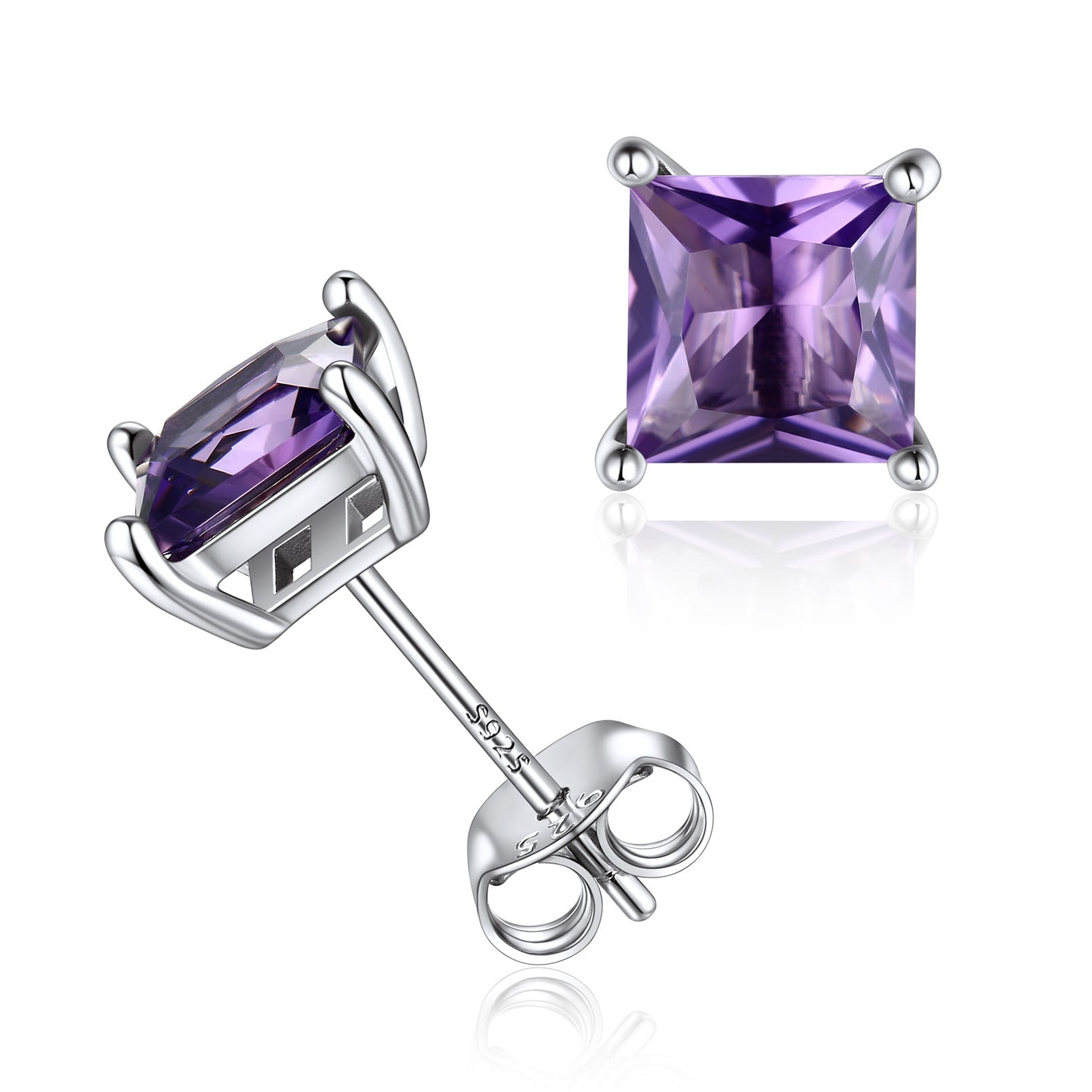 Sterling Silver Princess Cut Birthstone Stud Earrings Gift for Her