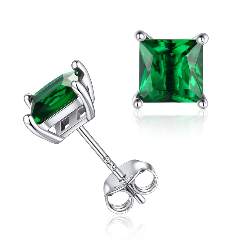 Sterling Silver Princess Cut Birthstone Stud Earrings Gift for Her
