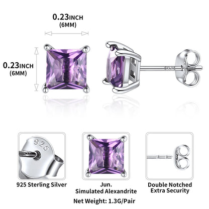 Sterling Silver Princess Cut Birthstone Stud Earrings Gift for Her