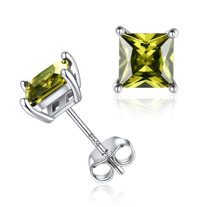 Sterling Silver Princess Cut Birthstone Stud Earrings Gift for Her
