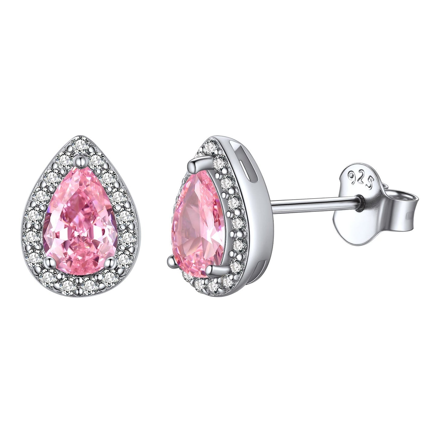 Silver Birthstone Teardrop Halo Stud Earrings for