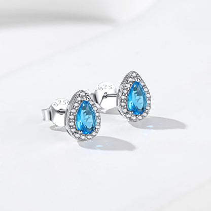 Silver Birthstone Teardrop Halo Stud Earrings for