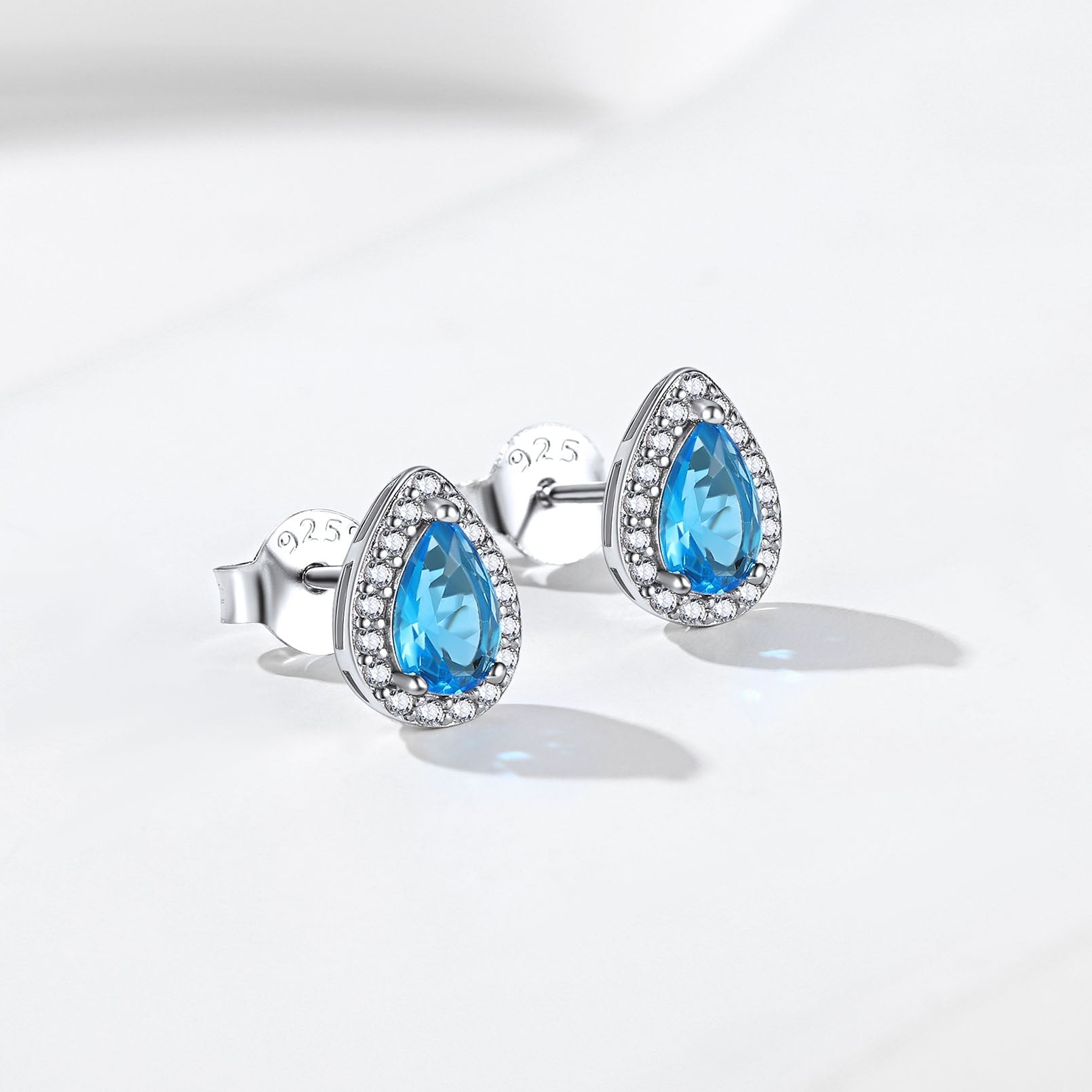 Silver Birthstone Teardrop Halo Stud Earrings for
