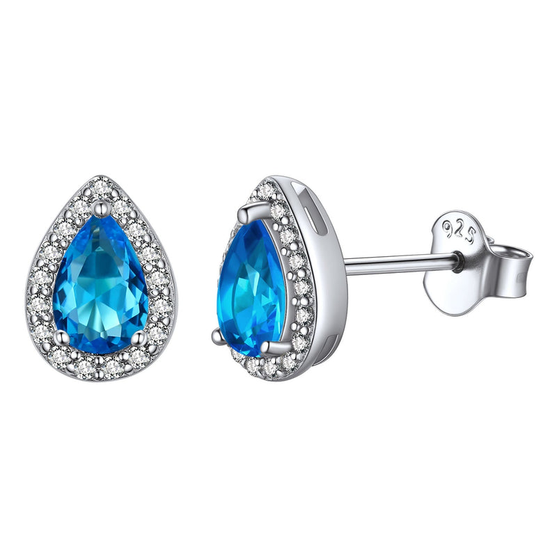 Silver Birthstone Teardrop Halo Stud Earrings for