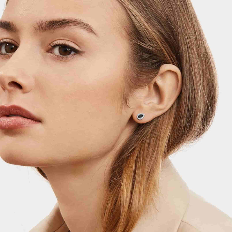 Silver Birthstone Teardrop Halo Stud Earrings for