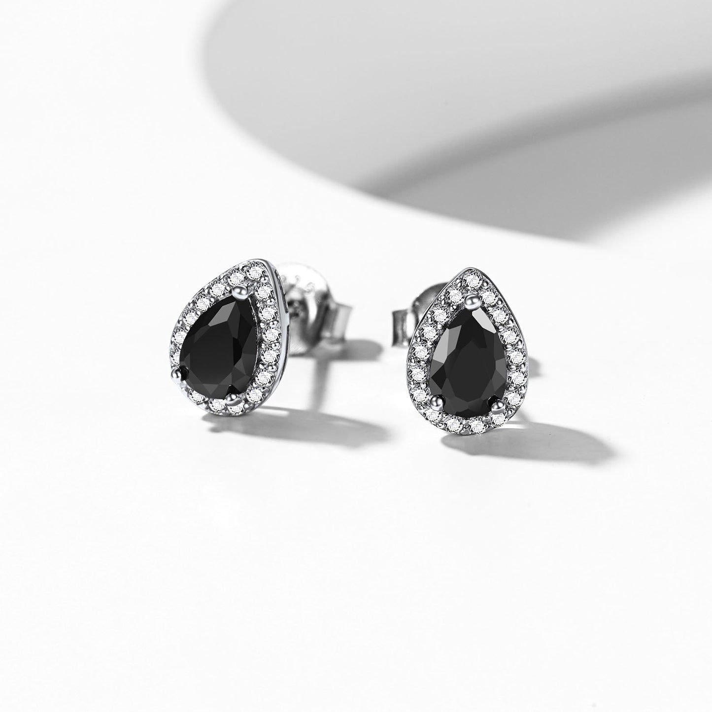 Silver Birthstone Teardrop Halo Stud Earrings for