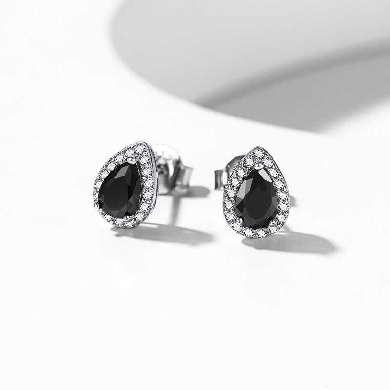 Silver Birthstone Teardrop Halo Stud Earrings for