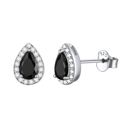 Silver Birthstone Teardrop Halo Stud Earrings for