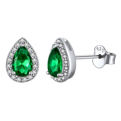 Silver Birthstone Teardrop Halo Stud Earrings for