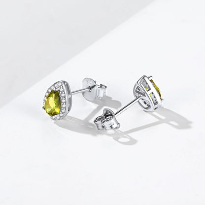 Silver Birthstone Teardrop Halo Stud Earrings for