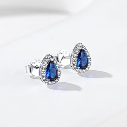 Silver Birthstone Teardrop Halo Stud Earrings for