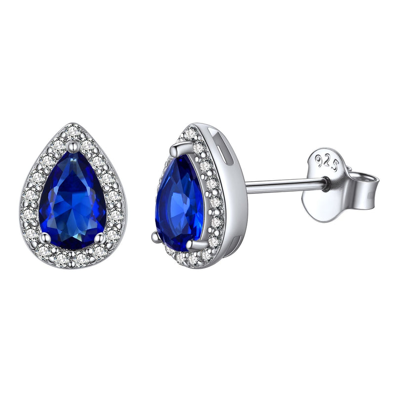Silver Birthstone Teardrop Halo Stud Earrings for