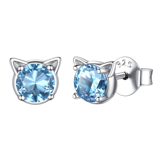 Silver Birthstone Cat Stud Earrings for Cat Lovers
