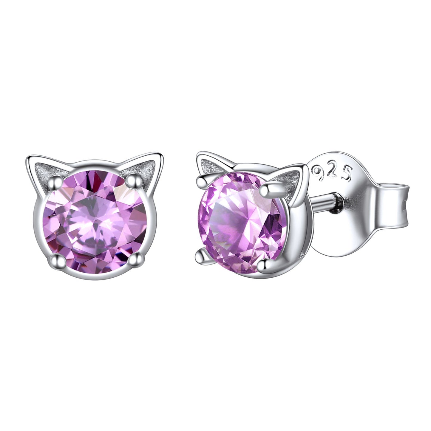 Silver Birthstone Cat Stud Earrings for Cat Lovers