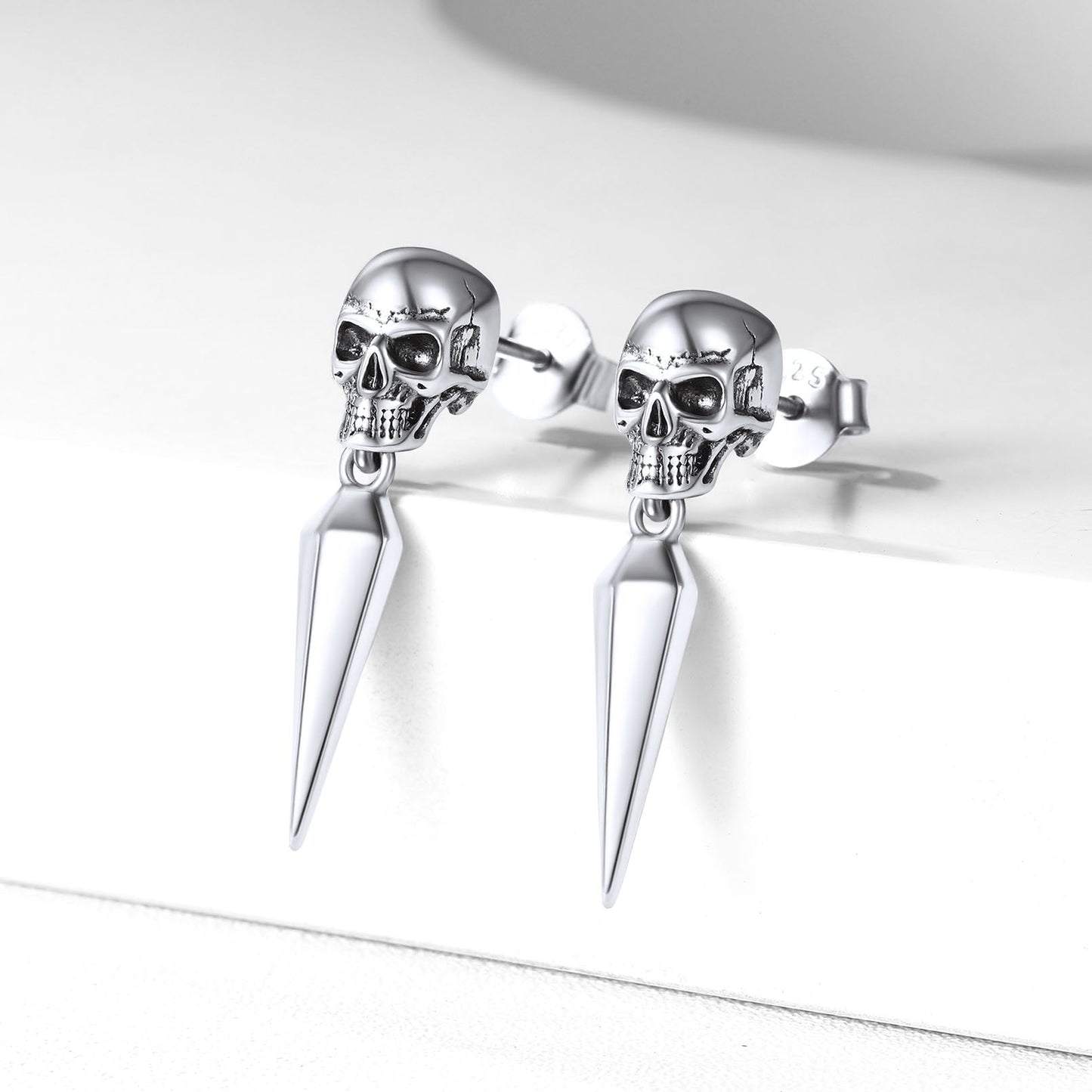 Sterling Silver Gothic Skull Dangle Stud Earrings for