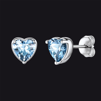 Silver Heart Birthstone Stud Earrings for