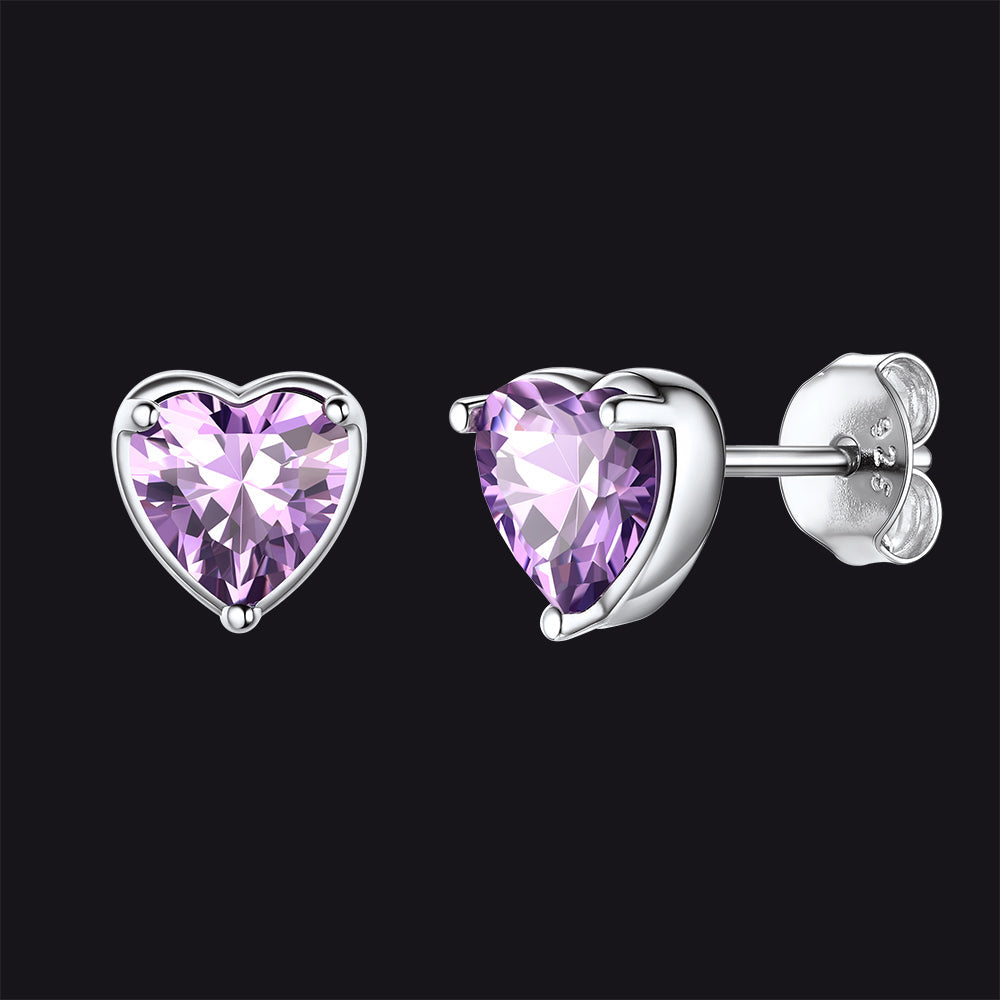 Silver Heart Birthstone Stud Earrings for