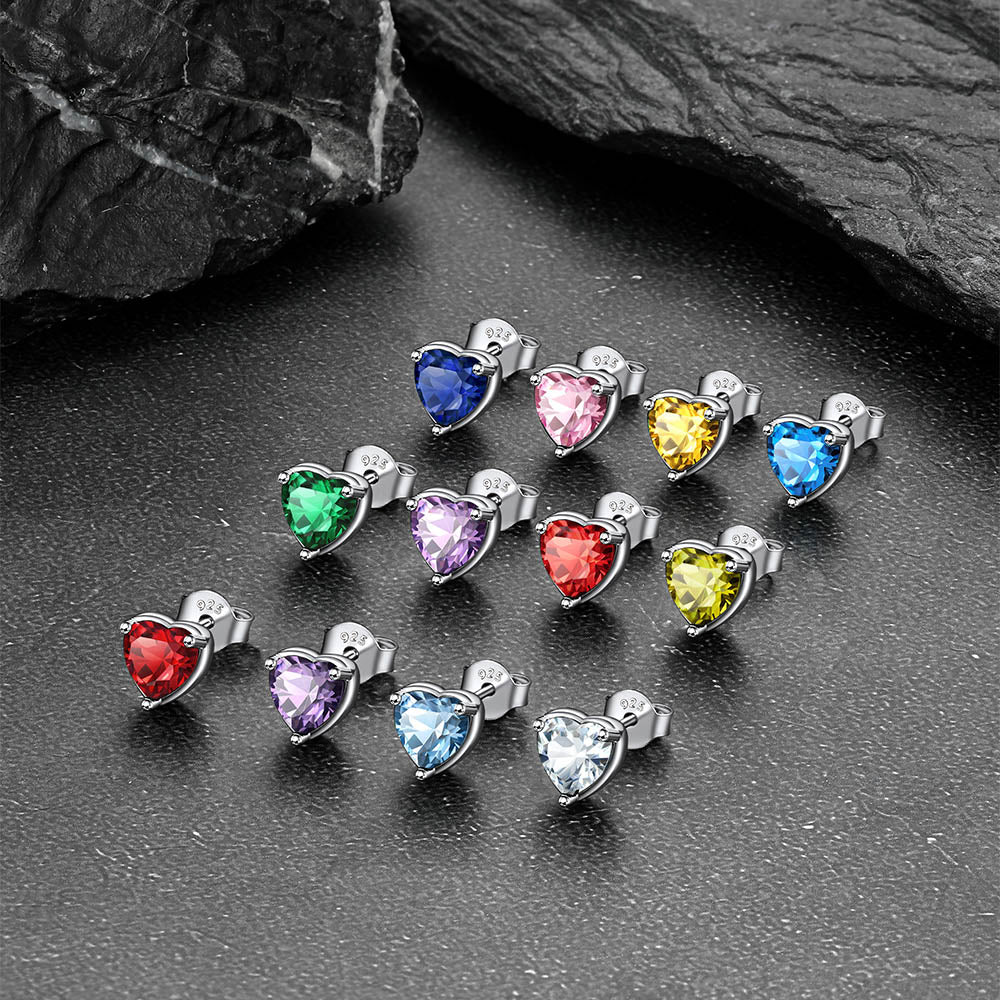 Silver Heart Birthstone Stud Earrings for